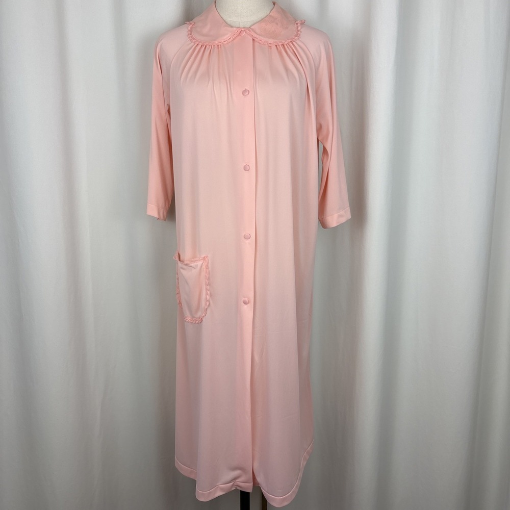 Vintage ShadowLine Pink Nylon Button Nightgown Robe Peter Pan Collar Lace Sz S